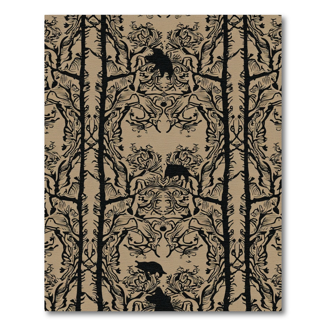 Striking Black Wildlife Forest Tapestry Rug