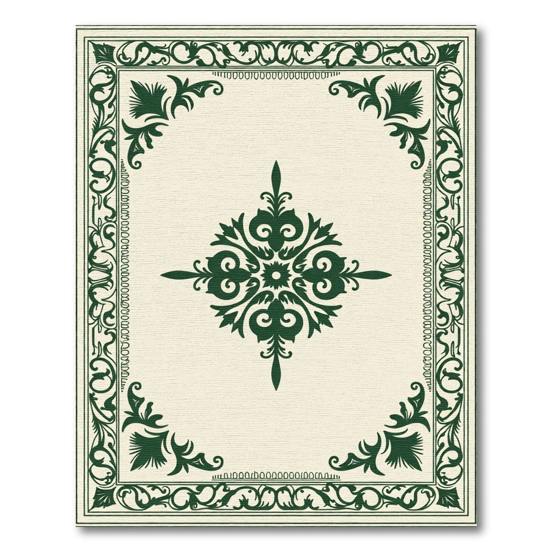 Ornate Dark Green Scroll Medallion Border Rug