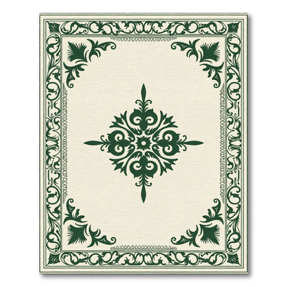 Ornate Dark Green Scroll Medallion Border Rug