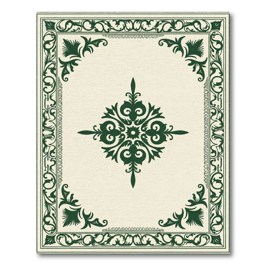 Ornate Dark Green Scroll Medallion Border Rug