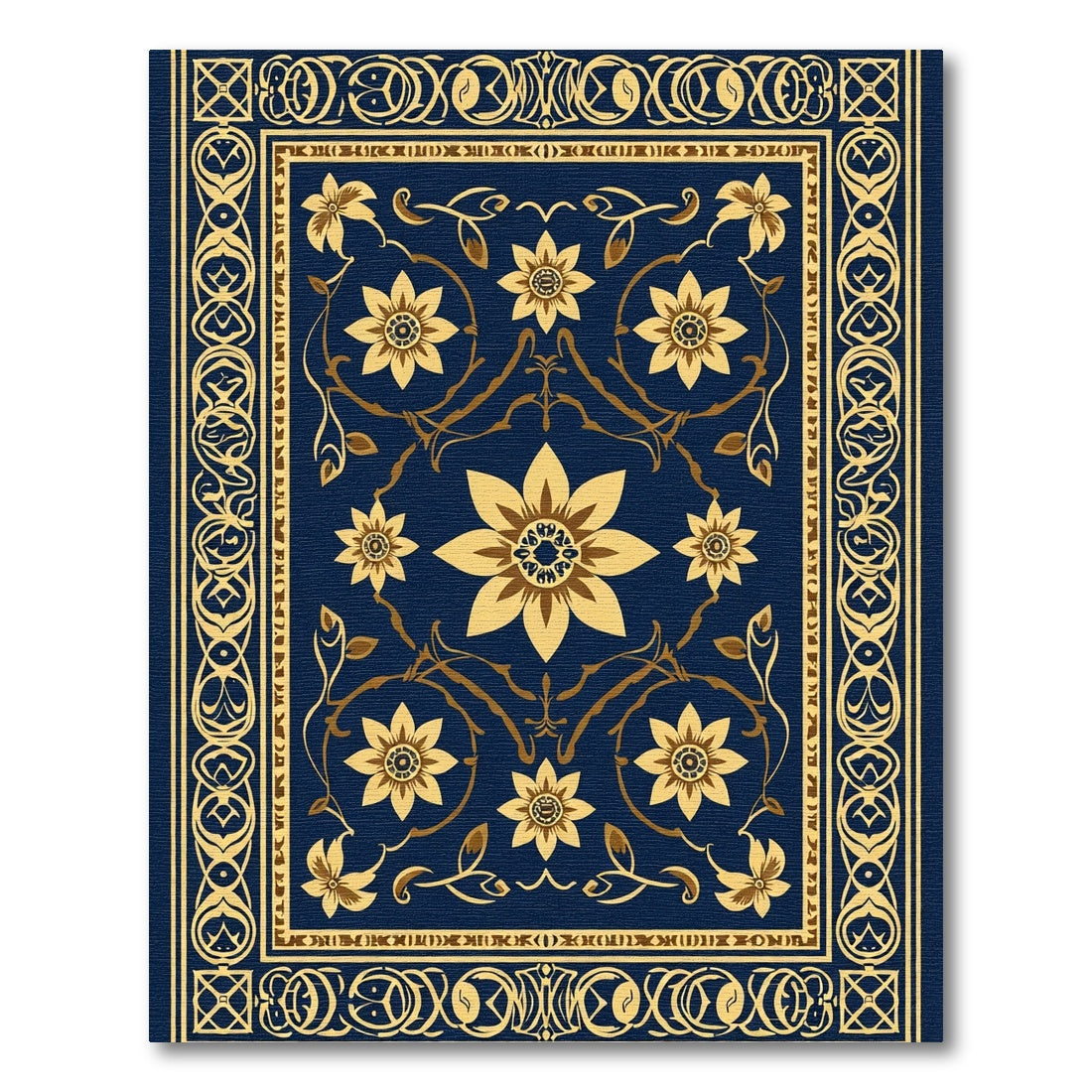 Golden Floral Scrollwork Navy Blue Rug