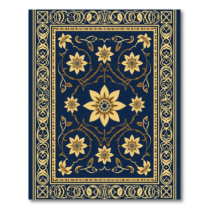 Golden Floral Scrollwork Navy Blue Rug