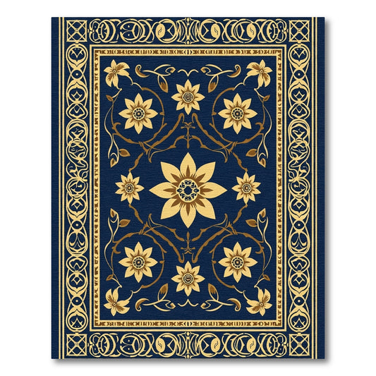 Golden Floral Scrollwork Navy Blue Rug