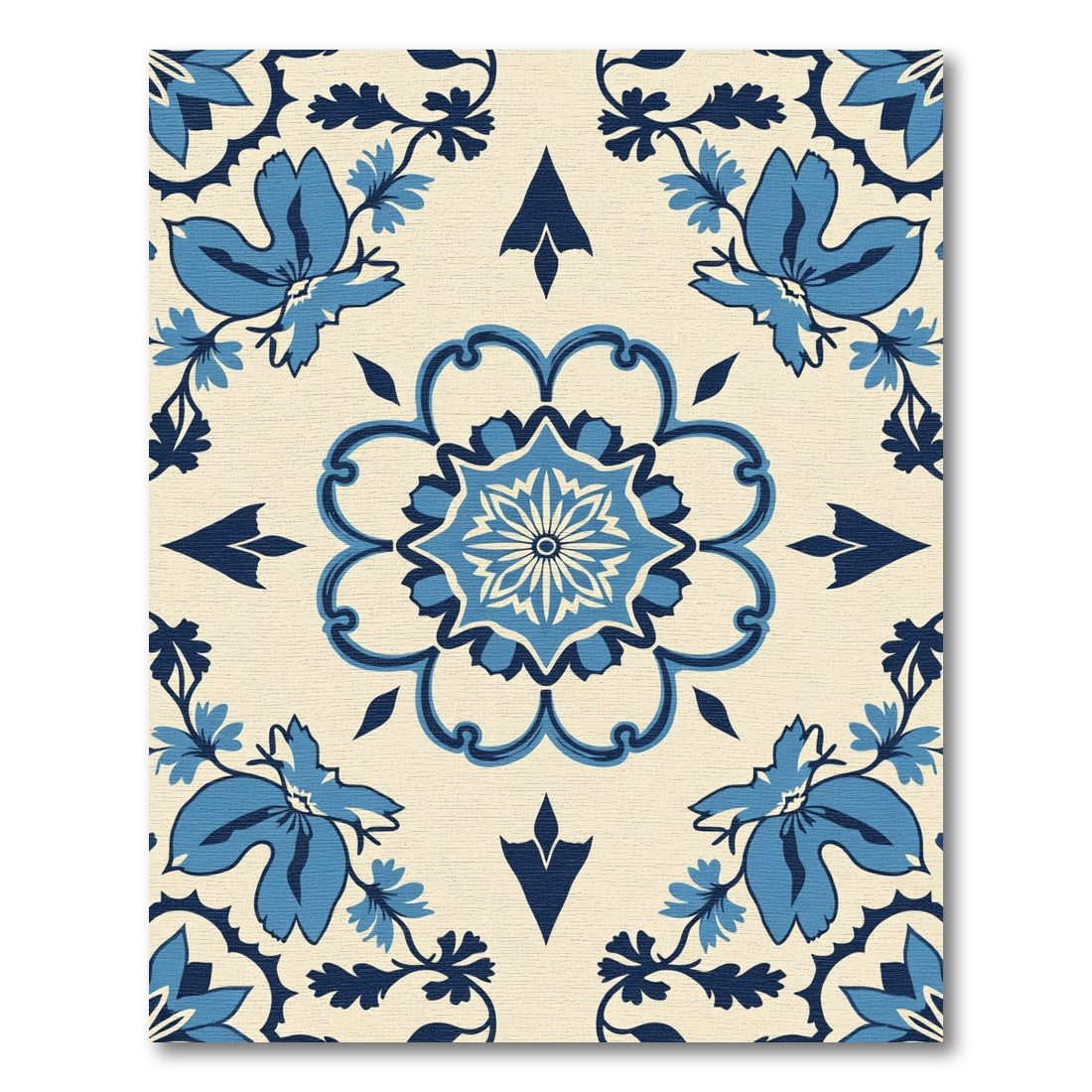 Azure Blue Floral Medallion Relief Rug