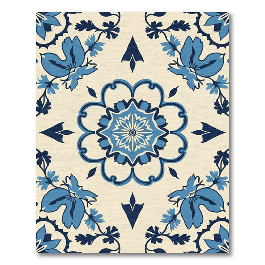 Azure Blue Floral Medallion Relief Rug