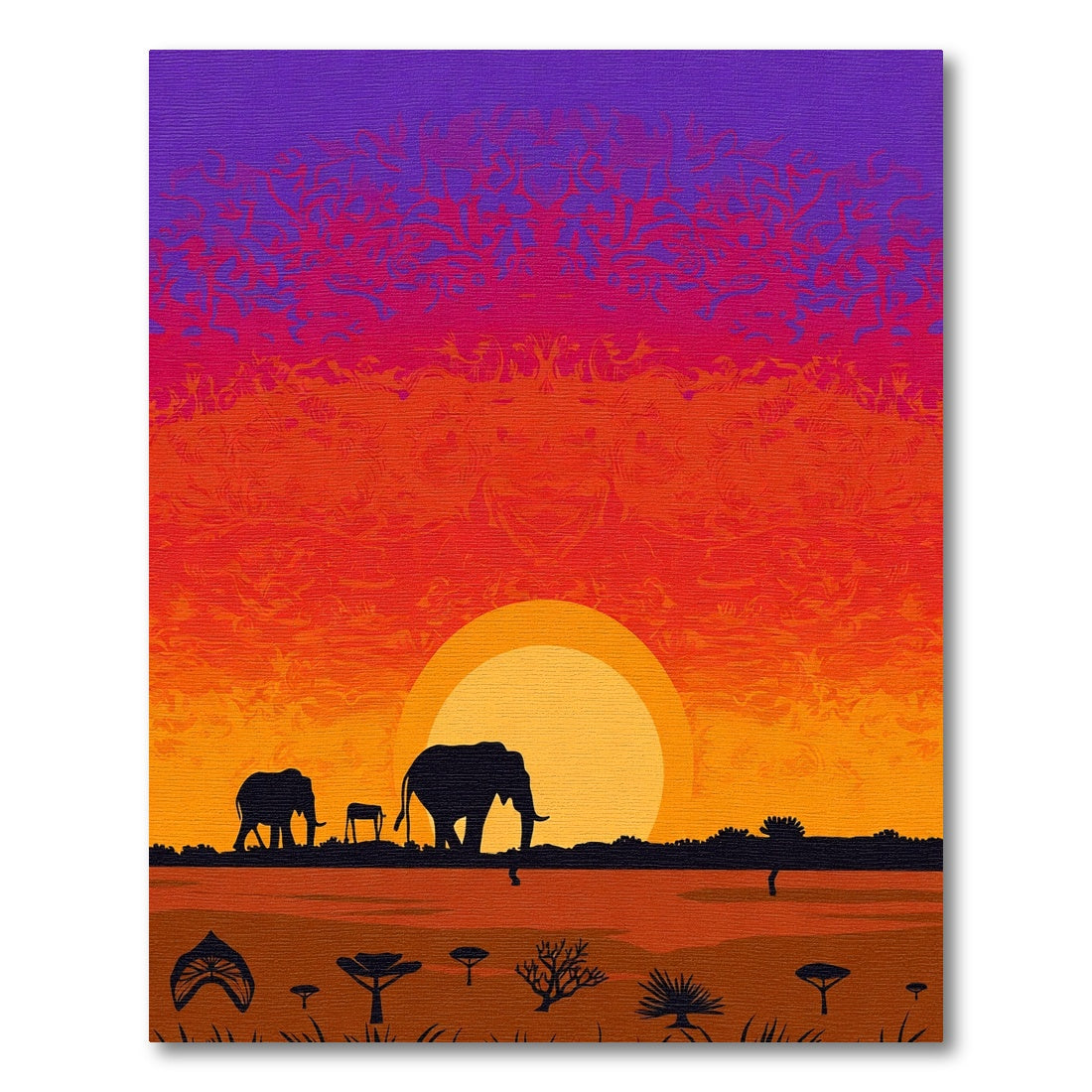 Vibrant African Sunset Elephant Herd Rug