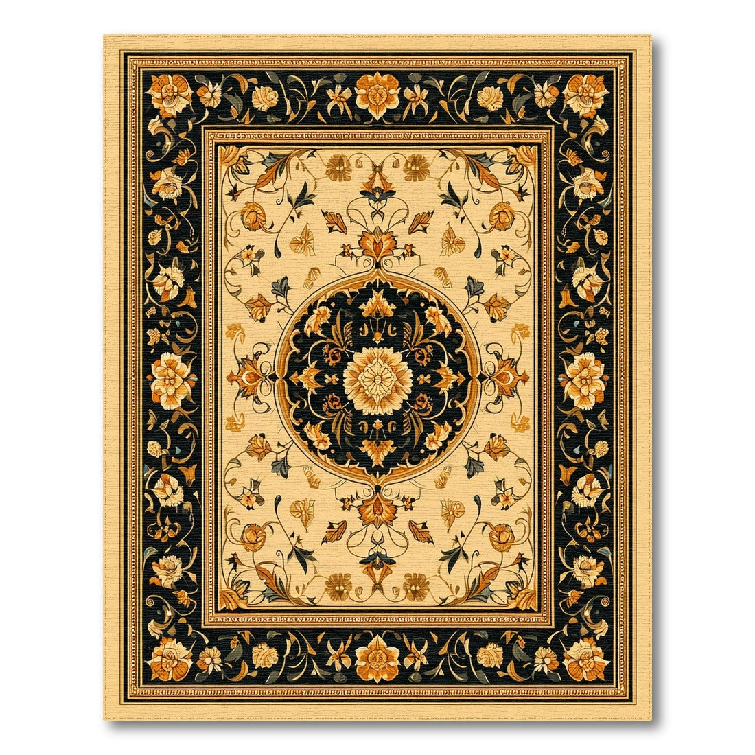 Black and Gold Persian Floral Medallion Rug