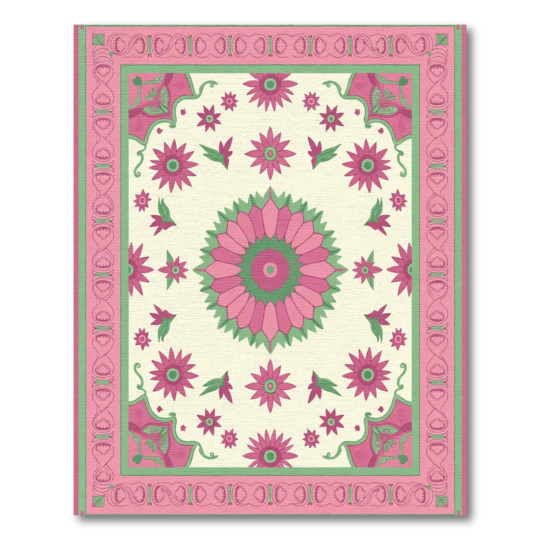 Pink Green Floral Medallion Garden Rug
