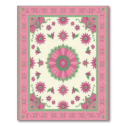 Pink Green Floral Medallion Garden Rug