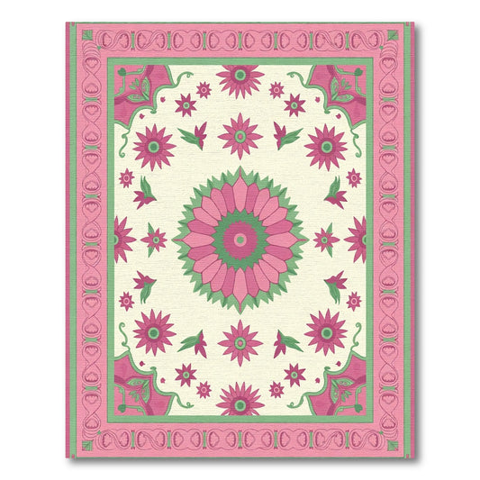 Pink Green Floral Medallion Garden Rug