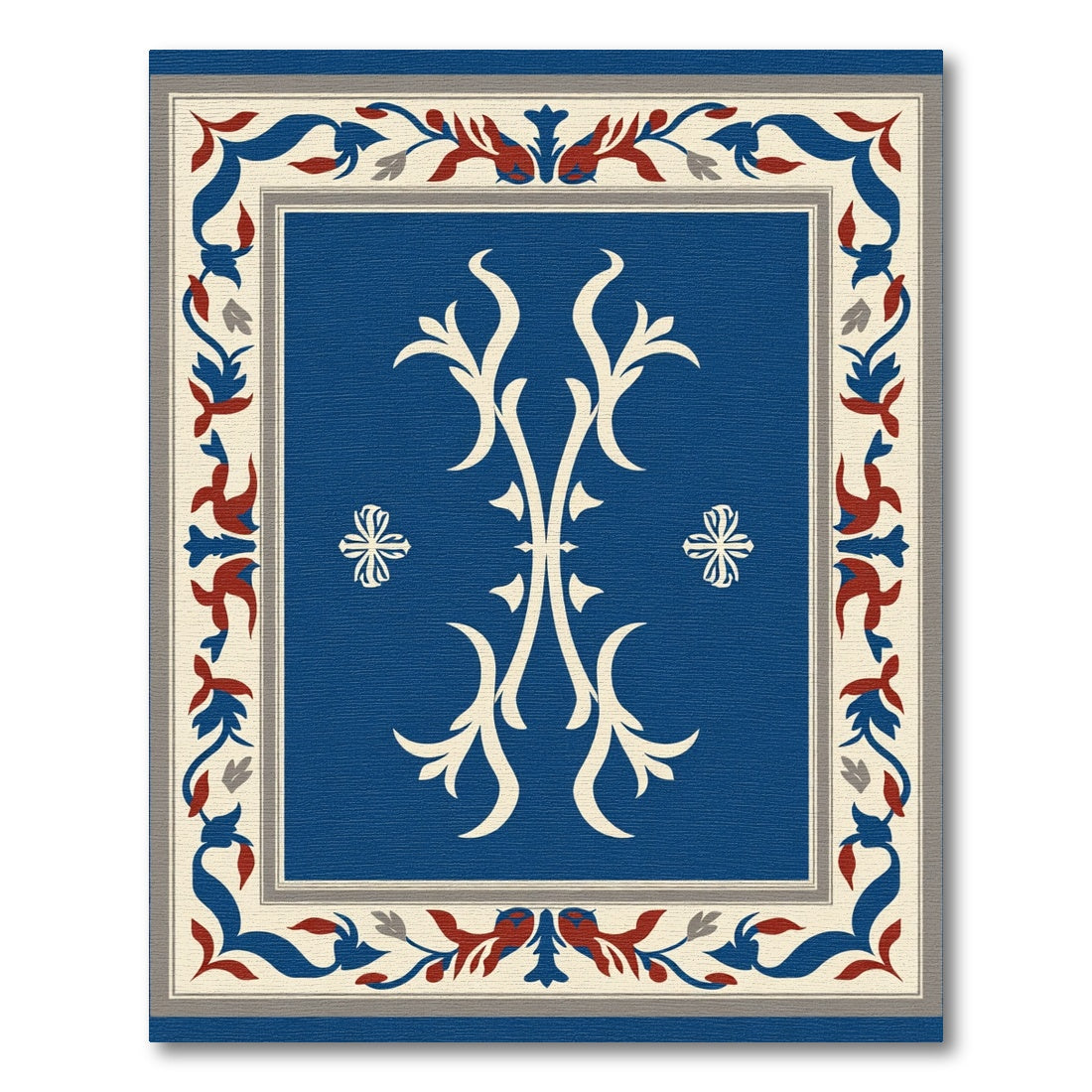 Azure Crimson Floral Scrollwork Rug