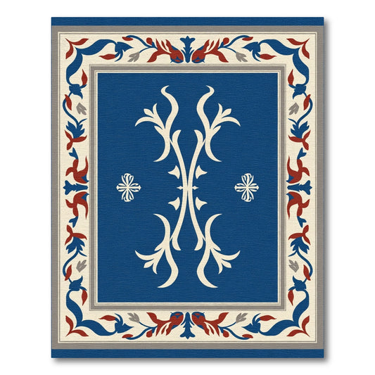 Azure Crimson Floral Scrollwork Rug