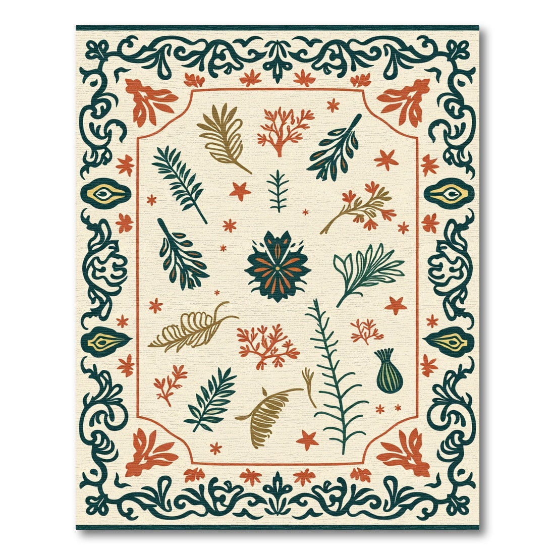 Earthy Botanical Medallion Folk Art Rug