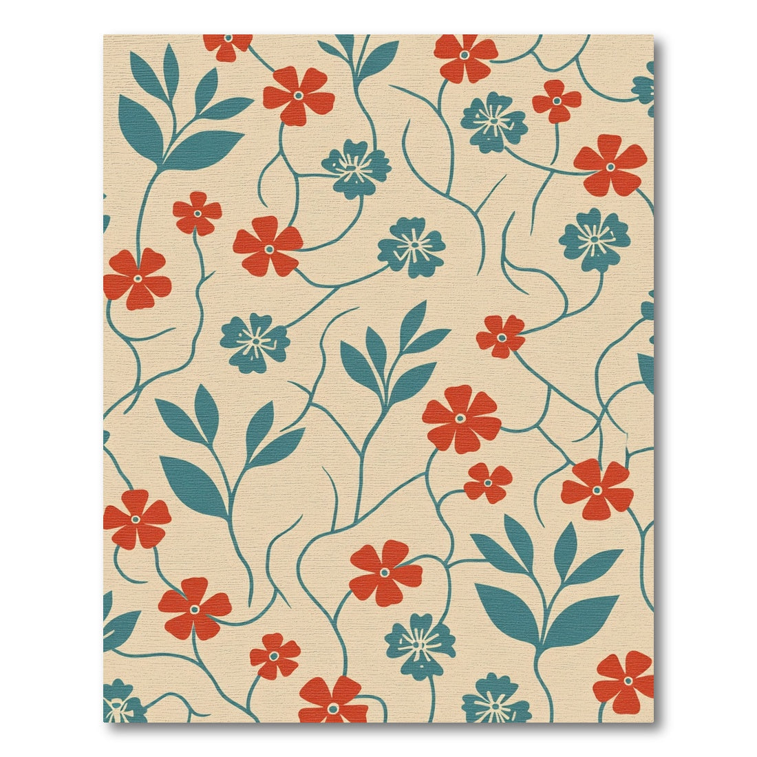 Red Teal Floral Vine Art Rug