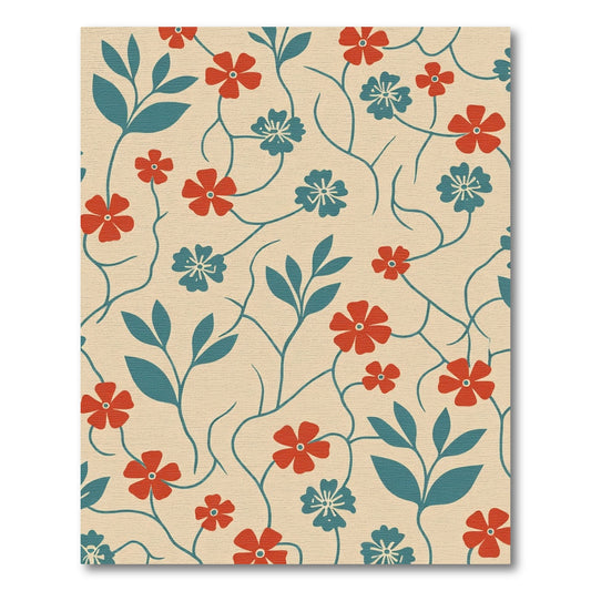 Red Teal Floral Vine Art Rug