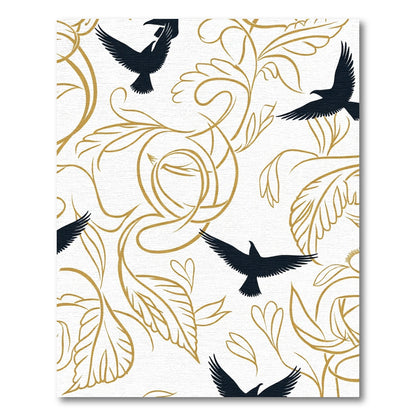 Black Birds Gold Vine Swirl Rug