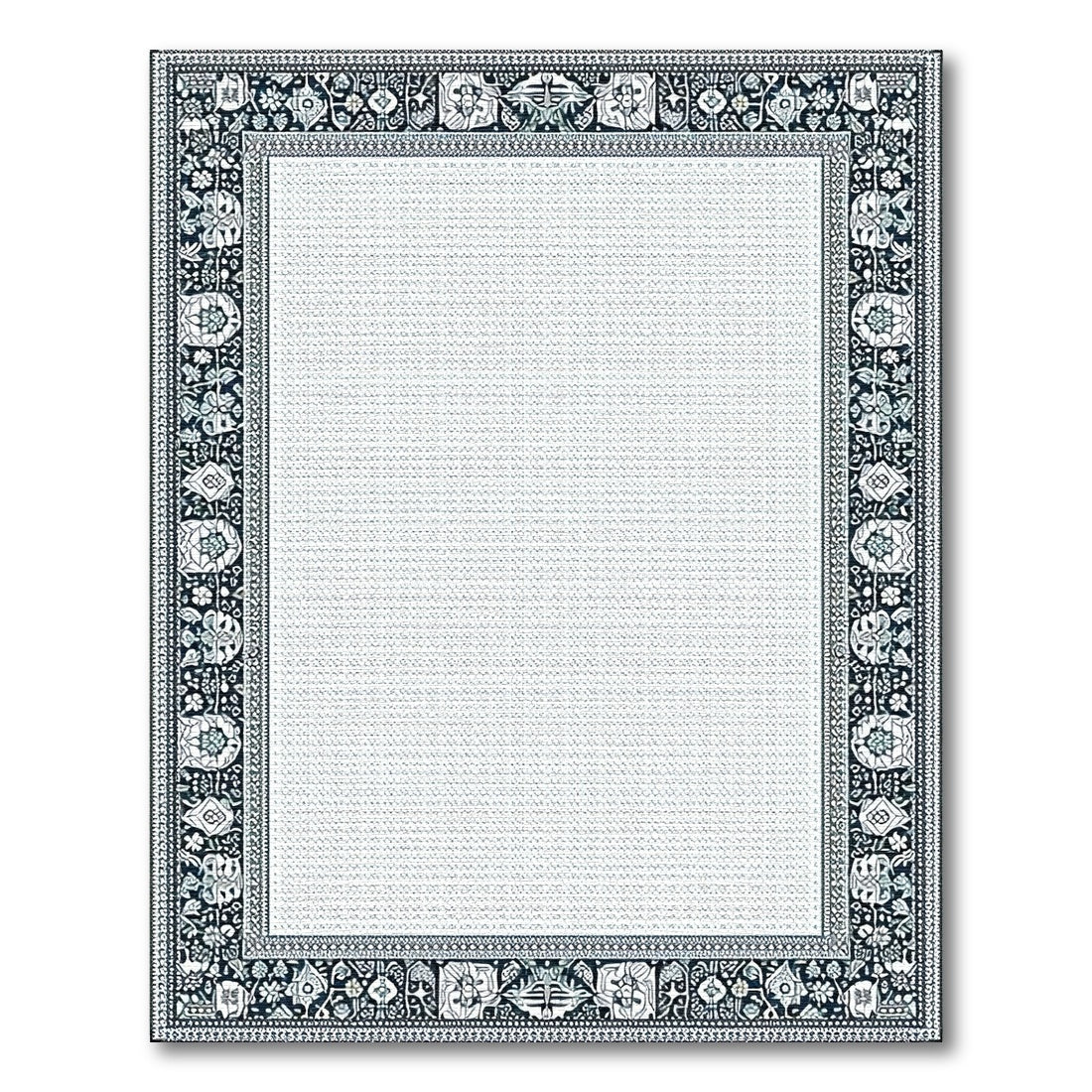 Black White Floral Border Area Rug