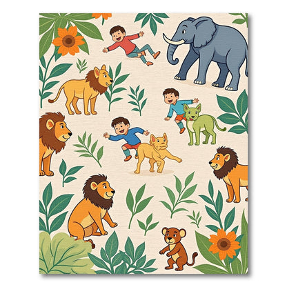 Joyful Kids Lions Elephants Leaves Flowers Rug