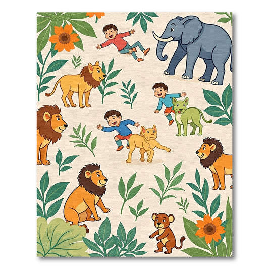Joyful Kids Lions Elephants Leaves Flowers Rug