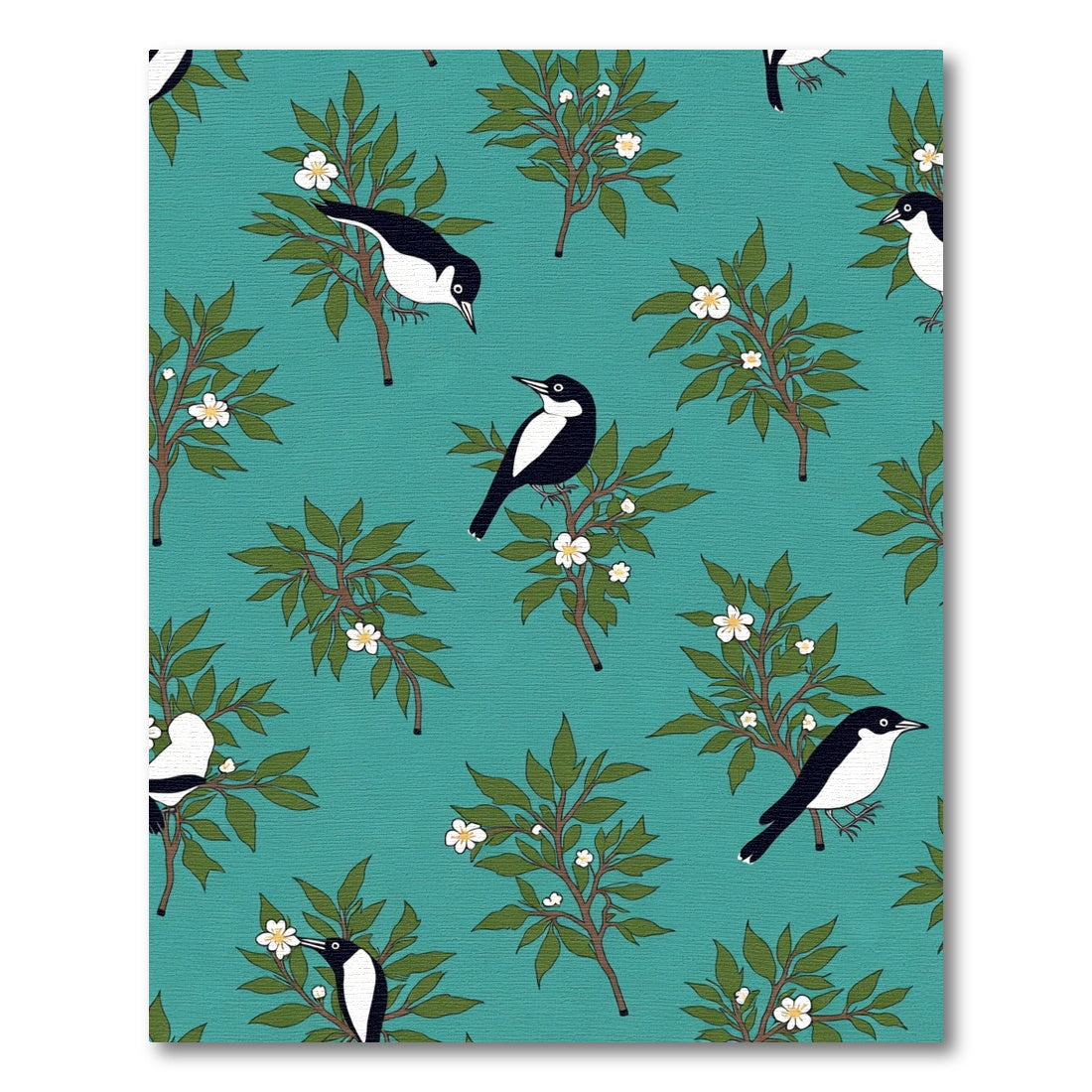 Teal Black White Bird Branch Floral Rug