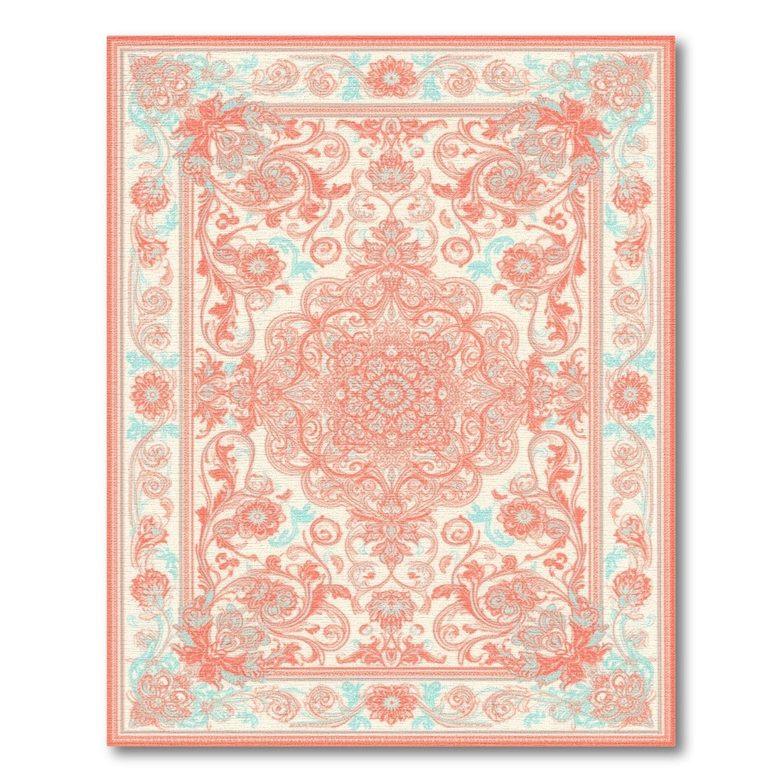 Coral and Teal Floral Medallion Area Rug