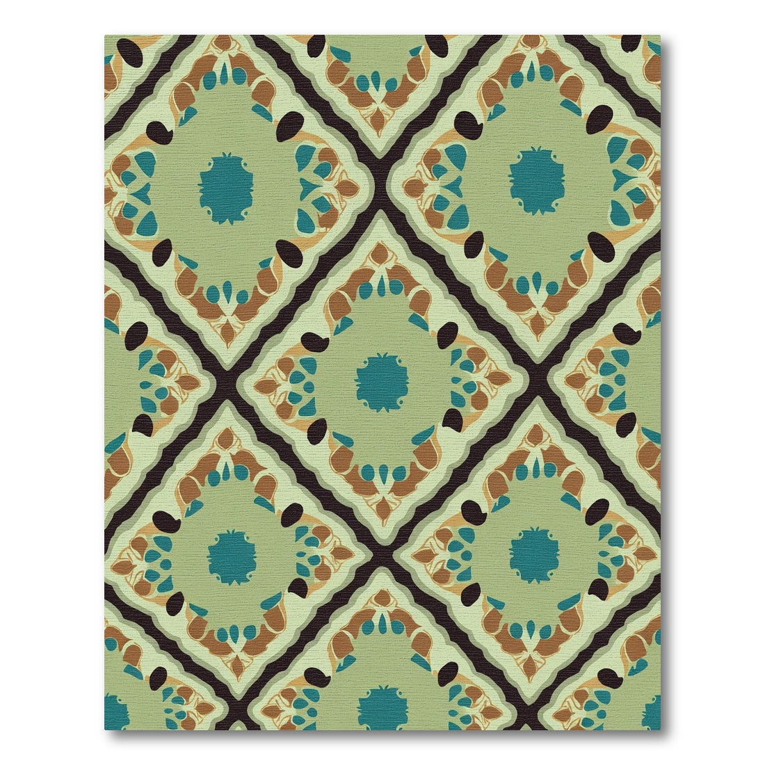 Green Golden Brown Teal Medallion Diamond Rug
