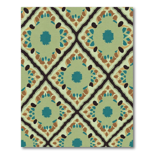 Green Golden Brown Teal Medallion Diamond Rug