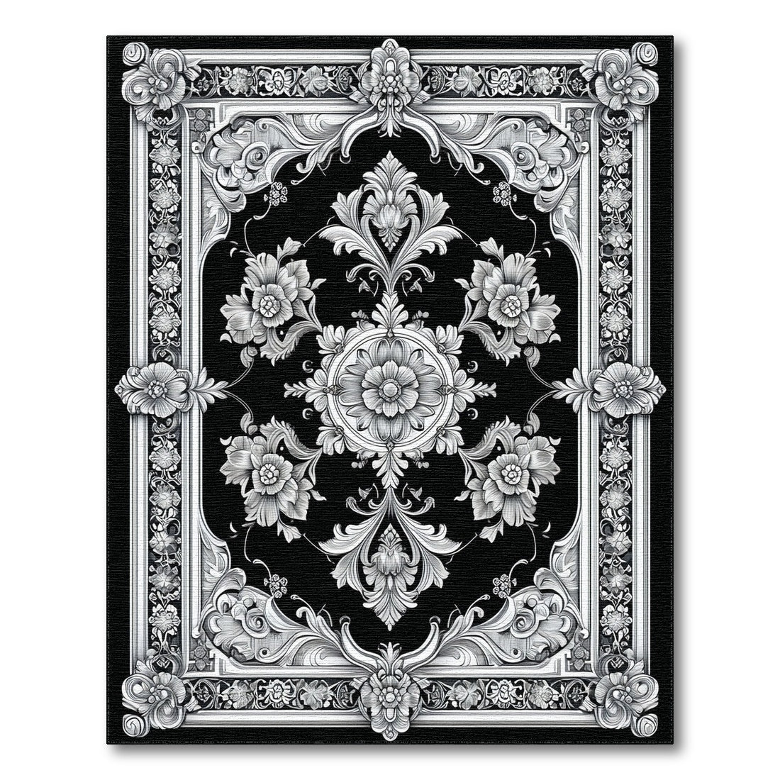 Black White Ornate Floral Vintage Rug