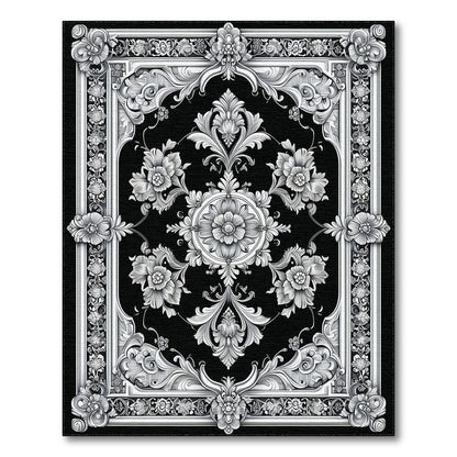Black White Ornate Floral Vintage Rug