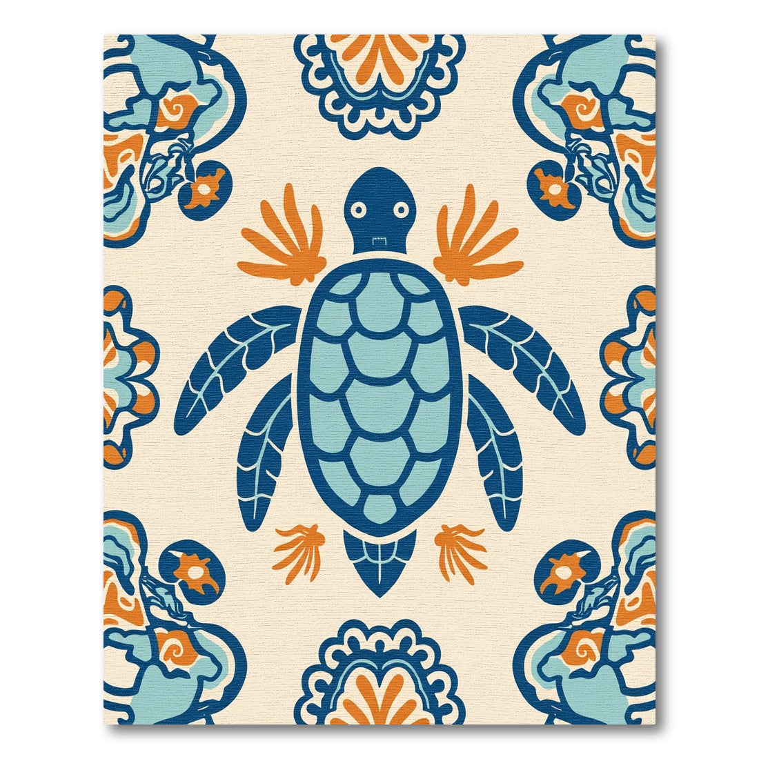 Marine Blue Turtle Floral Medallion Rug