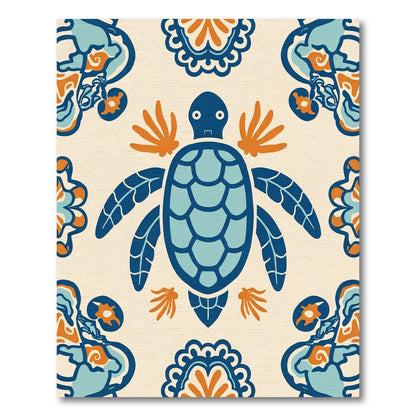 Marine Blue Turtle Floral Medallion Rug