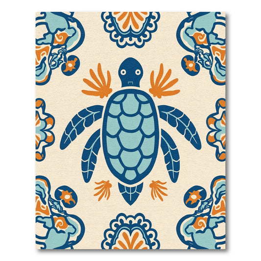 Marine Blue Turtle Floral Medallion Rug