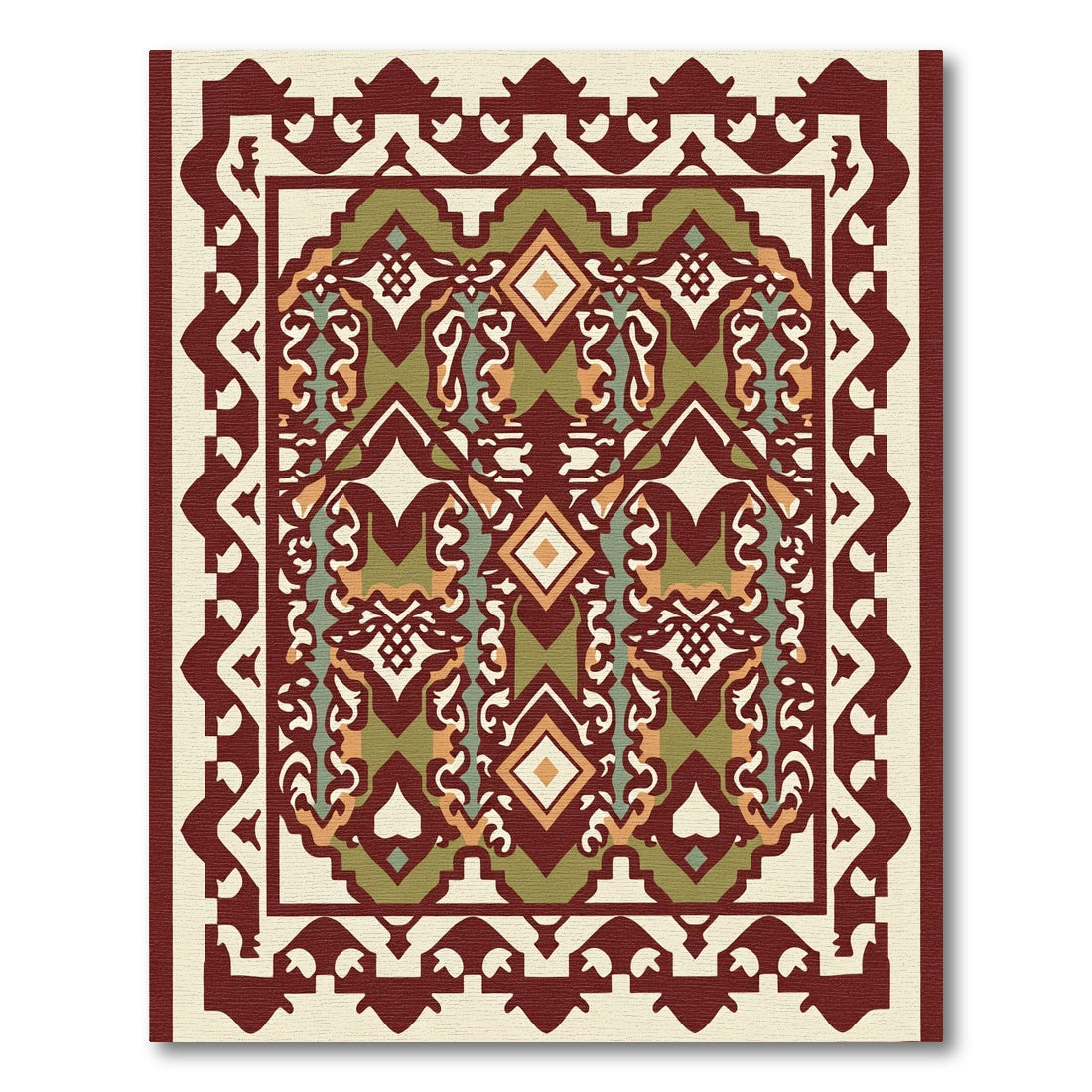 Burgundy Green Diamond Layered Geometric Rug
