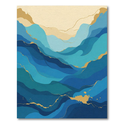 Deep Blue Wave Abstract Gold Veins Rug
