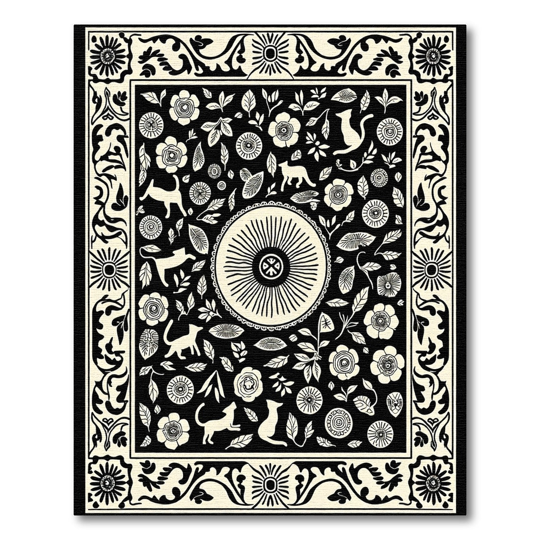 Black and Cream Whimsical Cat Garden Rug