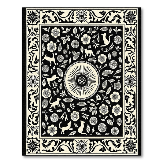Black and Cream Whimsical Cat Garden Rug