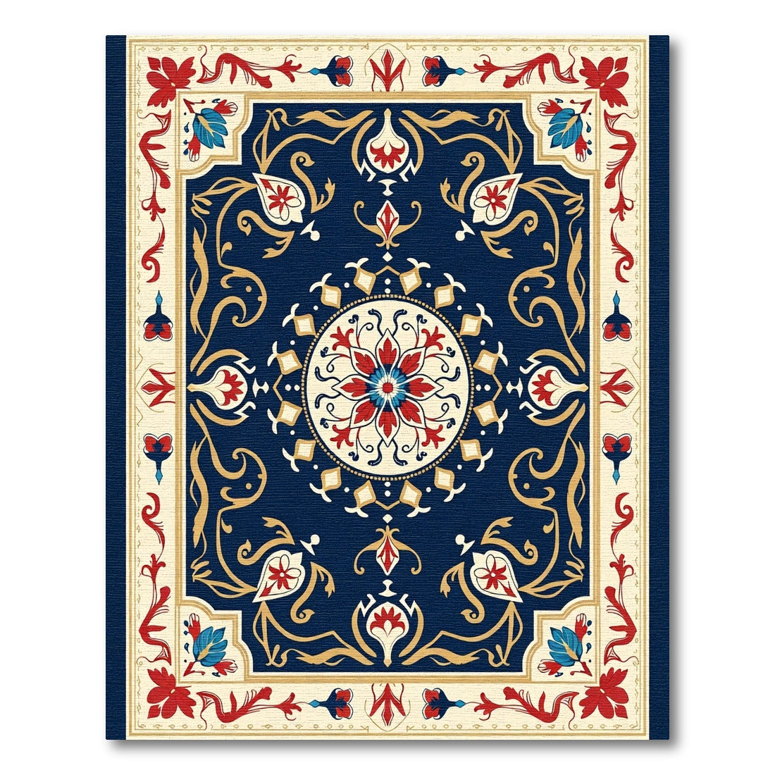 Intricate Deep Blue Floral Medallion Rug
