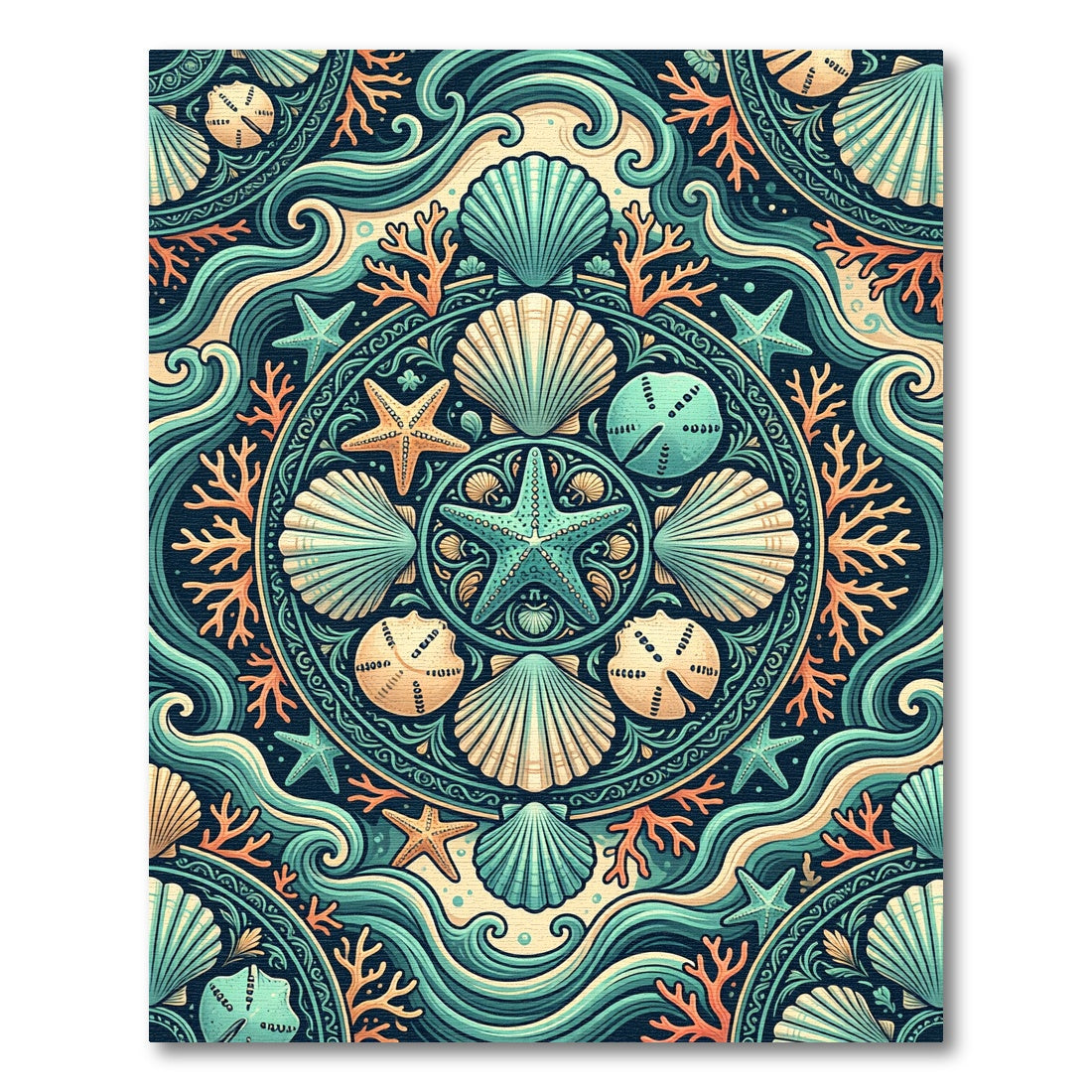 Teal Coral Starfish Shell Mandala Rug