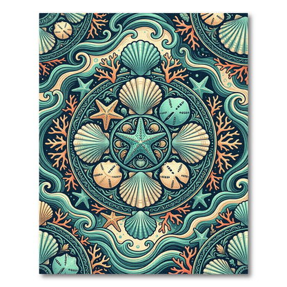 Teal Coral Starfish Shell Mandala Rug