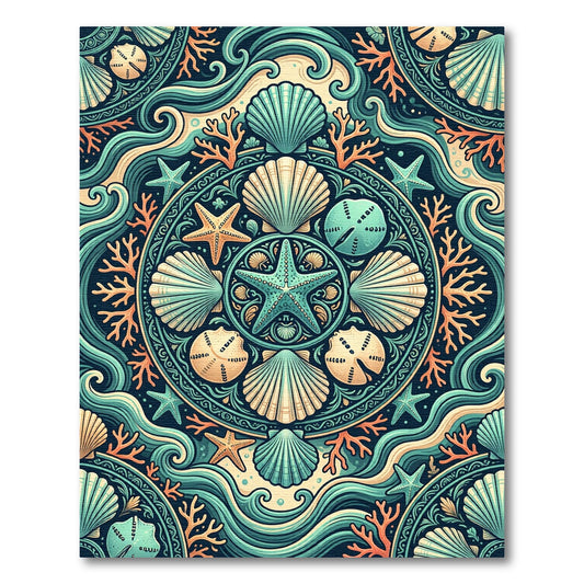Teal Coral Starfish Shell Mandala Rug