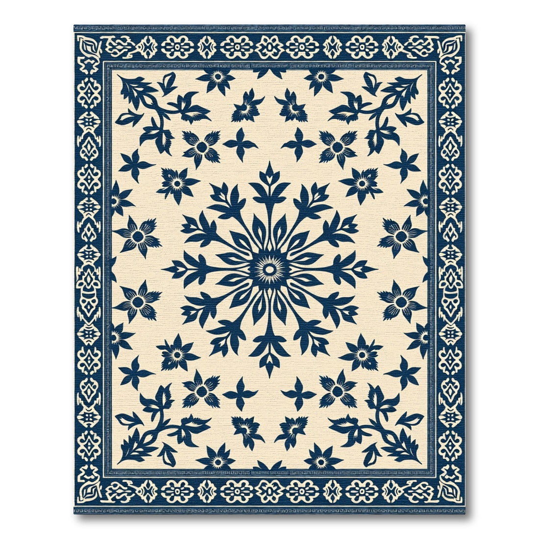 Navy Blue Floral Medallion Cream Rug
