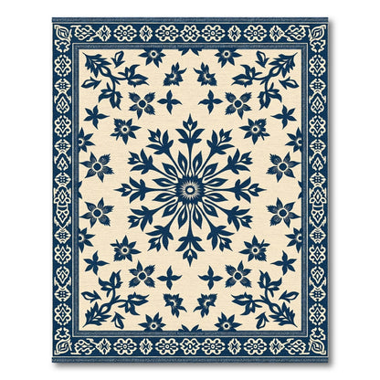 Navy Blue Floral Medallion Cream Rug