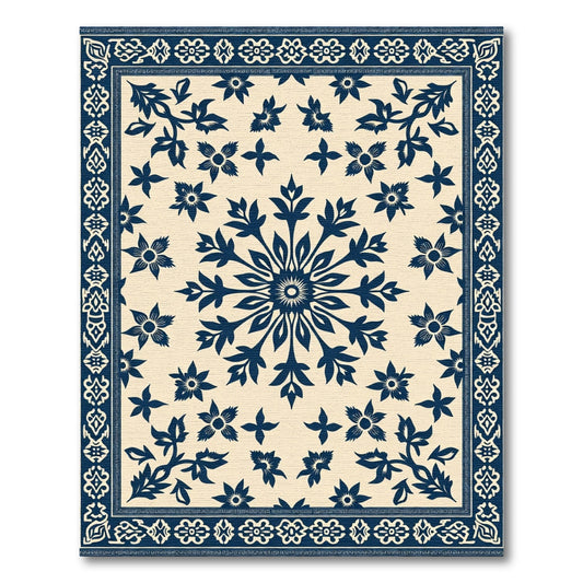 Navy Blue Floral Medallion Cream Rug