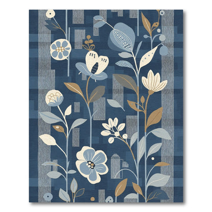 Abstract Blue Floral Botanical Stripes Rug