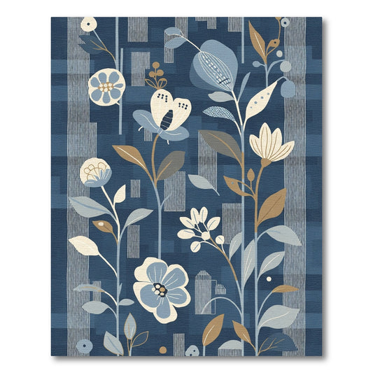 Abstract Blue Floral Botanical Stripes Rug