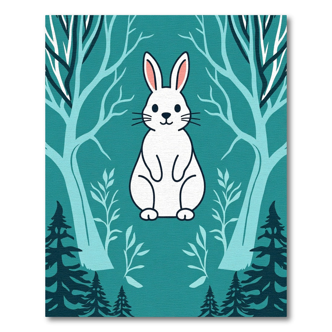 Cute White Bunny Forest Scene Rug
