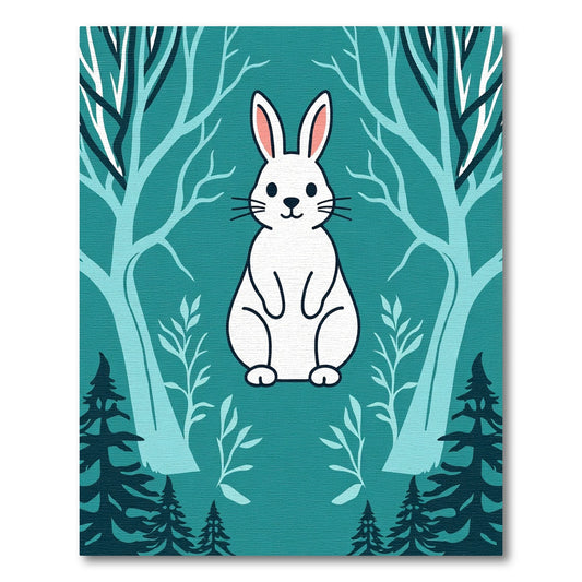Cute White Bunny Forest Scene Rug