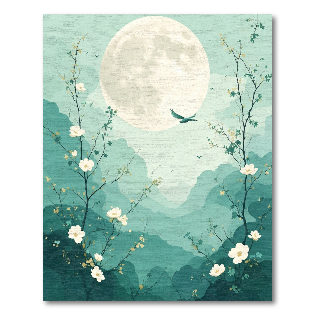 Misty Mountain Moonlit Blossom Scene Rug