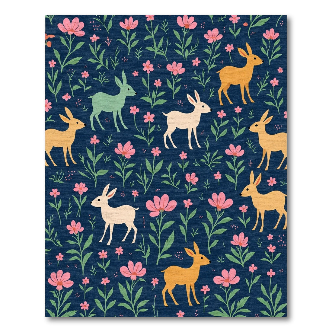 Whimsical Deer Pink Floral Navy Woodland Rug