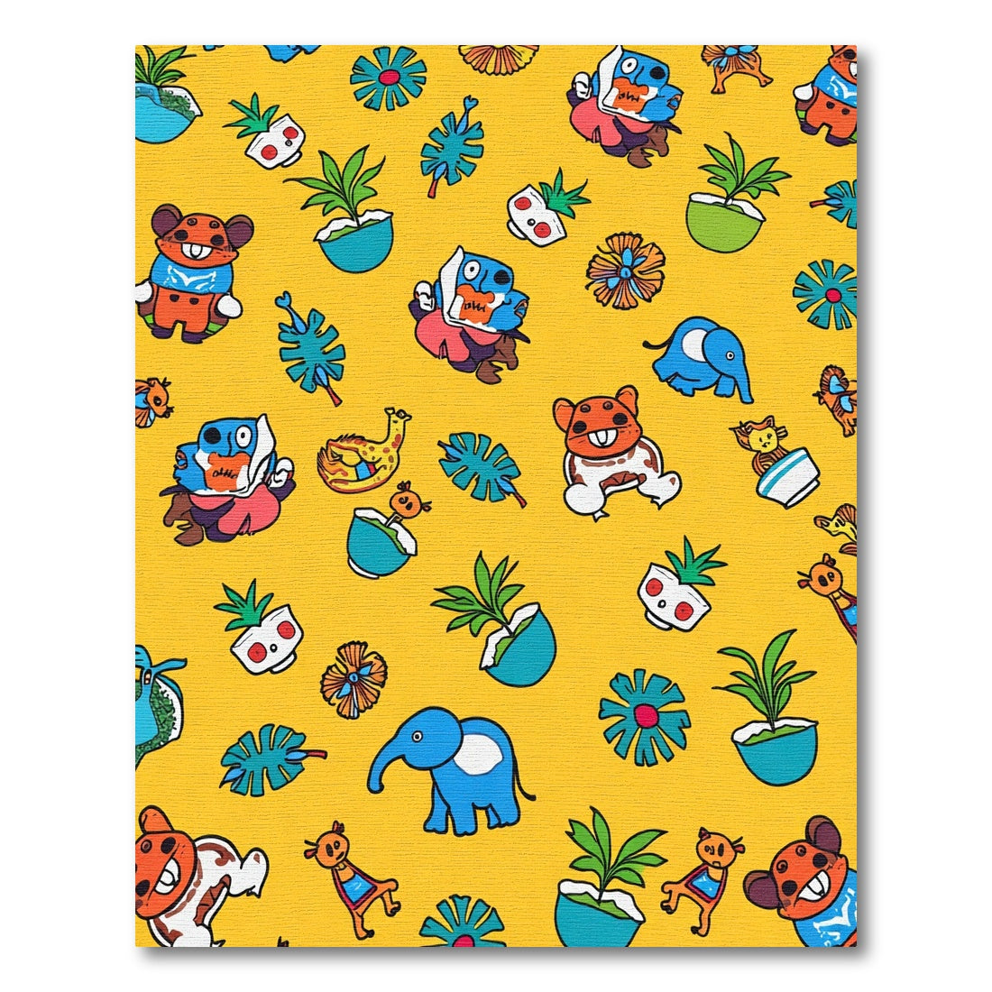 Whimsical Yellow Cartoon Animal Garden Rug